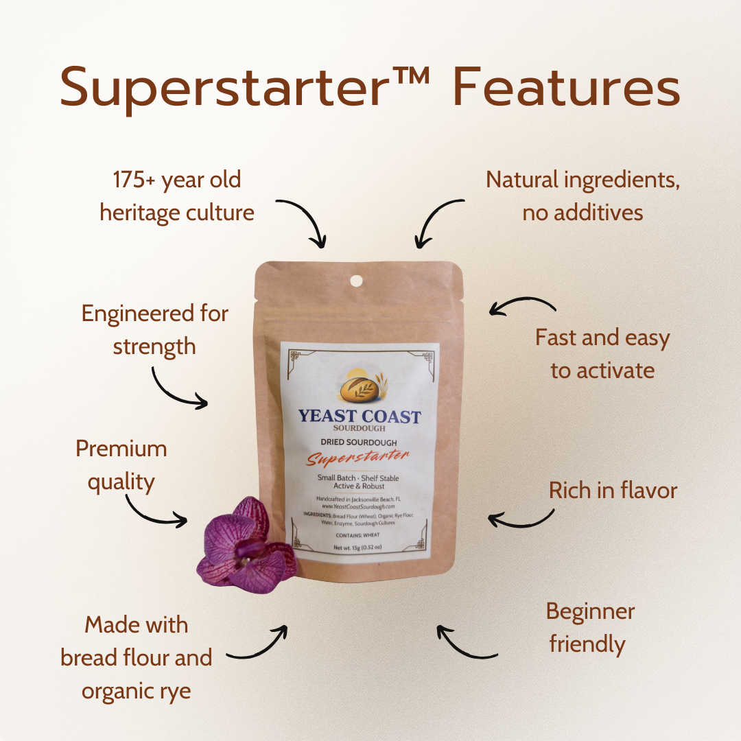 Premium Dried Sourdough Starter Kit - Live Superstarter Culture for Bread Baking (15g) - Yeast Coast Sourdough