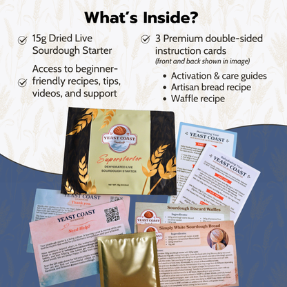 Yeast Coast Super Starter package with instructions and recipe cards on a blue and white background