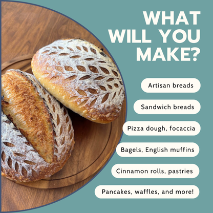 Two loaves of artisan bread on a wooden board with text about bread types.
