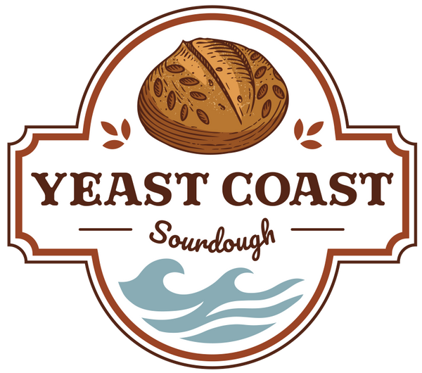 Logo of Yeast Coast Sourdough with a loaf of bread and wave design on a white background